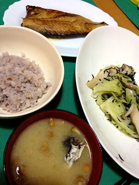 ご飯、なめこ味噌汁、サバ、キノコ野菜蒸し、かぼちゃ|りささん