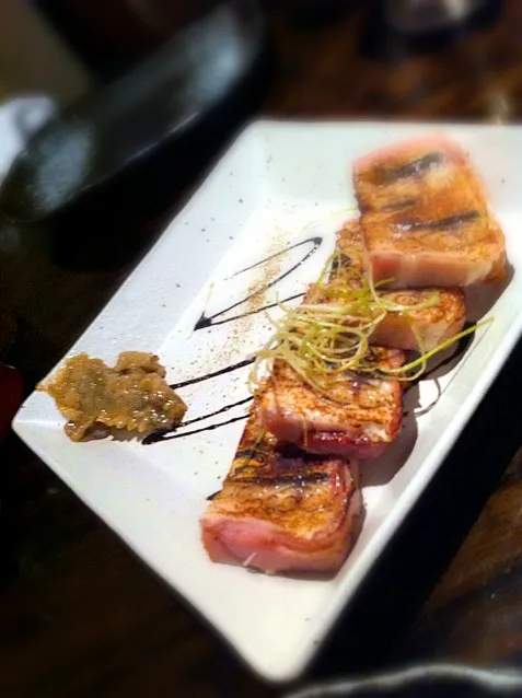 unagi wrapped in bacon with eggplant puree|neotwothreeさん