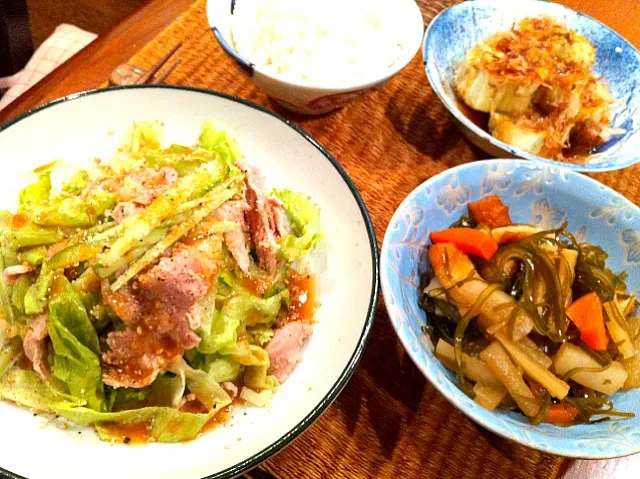 豚シャブサラダ 切り昆布と根菜の煮物  焼き茄子|富田 和枝さん