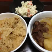 鶏ごぼうの炊き込みご飯、肉じゃが、白あえ|lilyさん