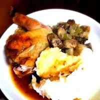 Thanksgiving practice run. Roast chicken with gravy, mashed potatoes and stuffing|uraraさん