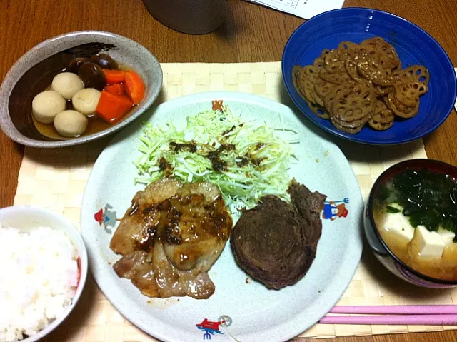 Snapdishの料理写真:豚の生姜焼き＆牛ロールステーキ、レンコンきんぴら、小芋の炊き合わせ、お味噌汁。THE・冷蔵庫の整理メニューw|Angie44さん