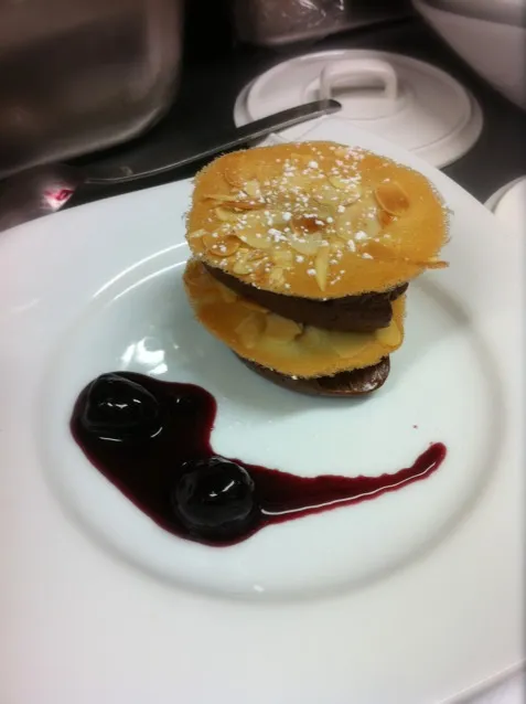 mousse chocolate et expresso mille feuille & warm cherry compote|Chris Shannonさん