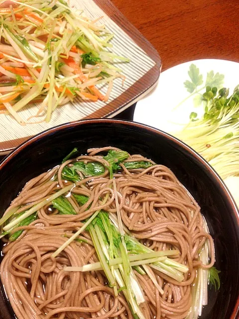 おろし生姜お蕎麦と水菜ともやしの黒胡椒炒め|halさん