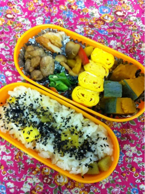 本日のお弁当。安納芋ご飯炊いてみました。|まりもさん