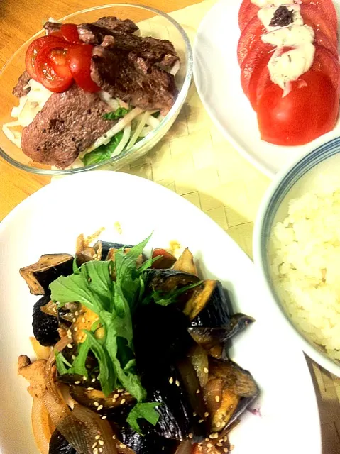 夕飯 茄子のピリ辛味噌炒め、焼肉サラダ、冷やしトマト、ご飯|よ〜んさん