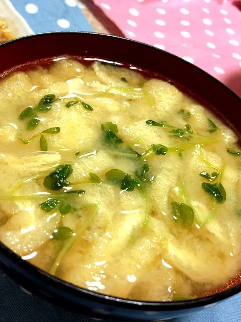 豆苗と油揚げのお味噌汁|メガネさん