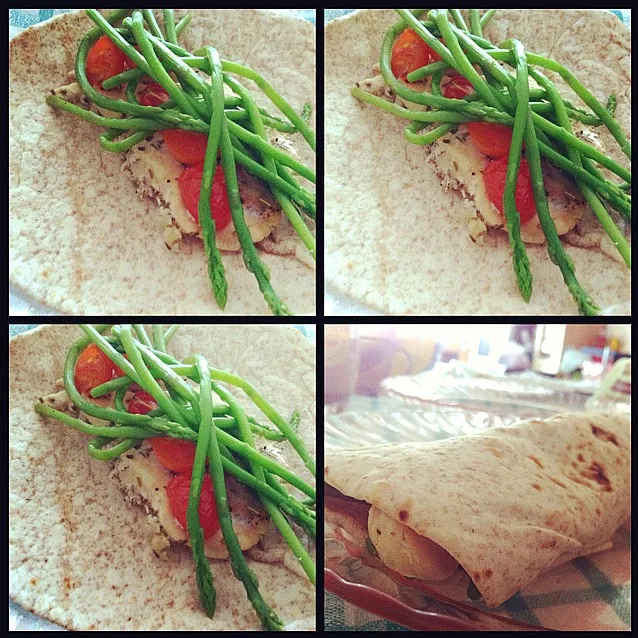 Chicken wrap w cherry tomatoes & asparagus.|Monstaaaa さん