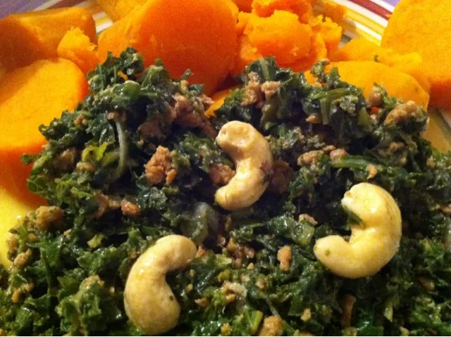 yam with kale, soy minced meat, and cashews|Gabiさん