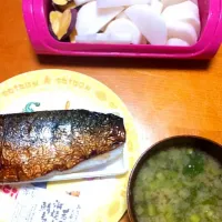 Snapdishの料理写真:白すぎる蒸し野菜と、蕪の葉のみそしる、空弁の焼きさば寿司！|minidaihukuさん