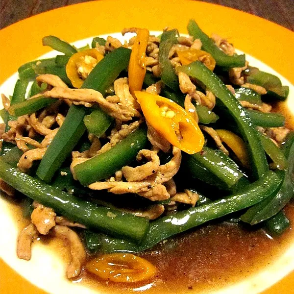 Snapdishの料理写真:Pork and green pepper in oyster sauce.   豚とピーマンのオイスターソース炒め|Keiさん