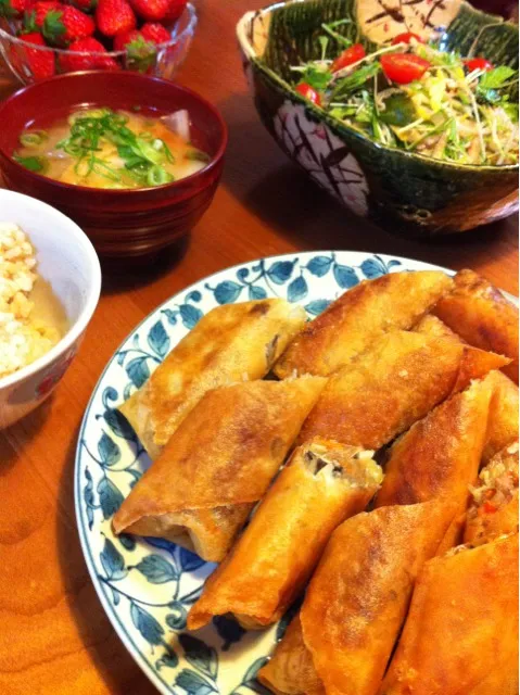 今日はコレ！春巻き、もやし 水菜 レッドオニオン わかめのナムル風サラダ。。。竹の子の代わりに蓮根入れたよん♫|Suzuki Akikoさん