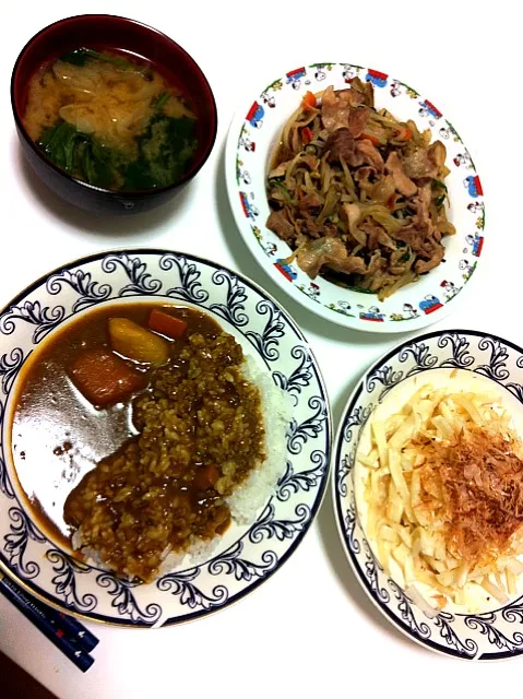 カレー、大根サラダ、肉野菜炒め、ほうれん草と玉ねぎのお味噌汁！|さやさん