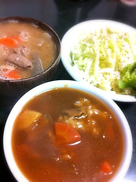 Snapdishの料理写真:カレーうどんの残り汁があったので麺つゆいれて片栗粉でとろみつけてカレー丼ともつ煮♪|kunikiさん