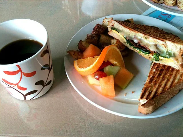 Snapdishの料理写真:My Fair Lady: Sunrise panini with spinach, bacon, swiss cheese, pesto mayo & eggs|Sayuri Hさん