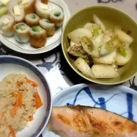 鶏炊き込みご飯、カブの油炒め、焼き鮭|nicoさん