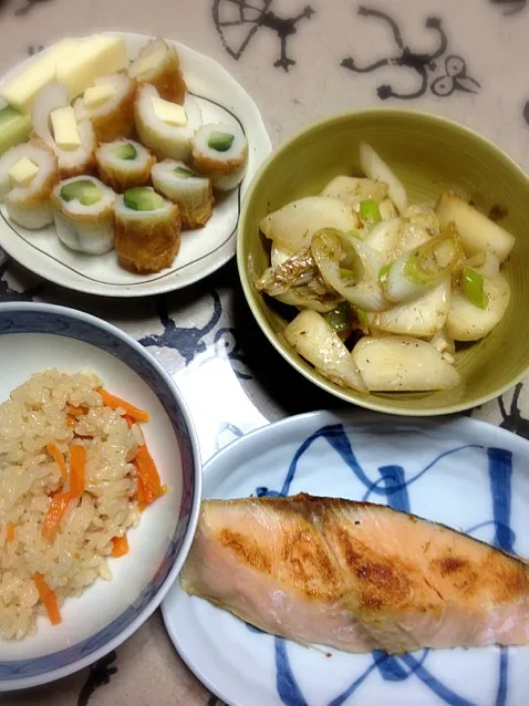 鶏炊き込みご飯、カブの油炒め、焼き鮭|nicoさん