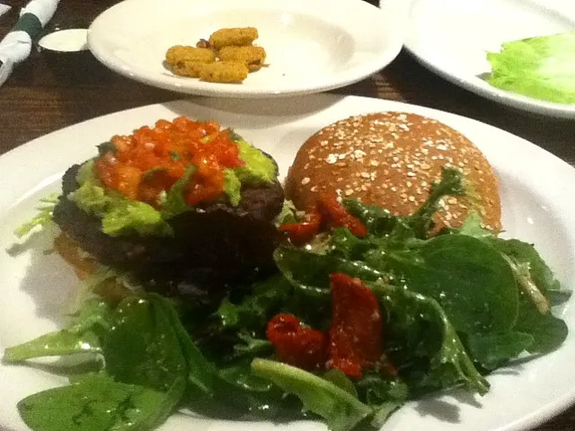 black bean burger, salad, deep fried pickles|connieさん