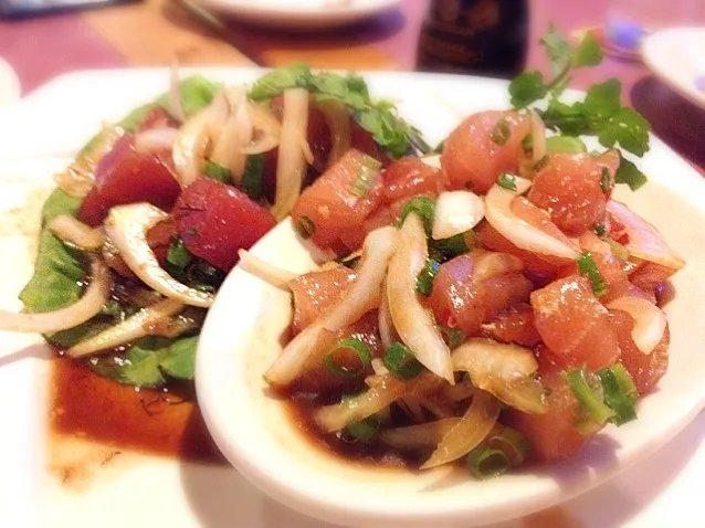 Snapdishの料理写真:Ahi and Swordfish Poke Combo @Side Street Inn|Junya Tanakaさん