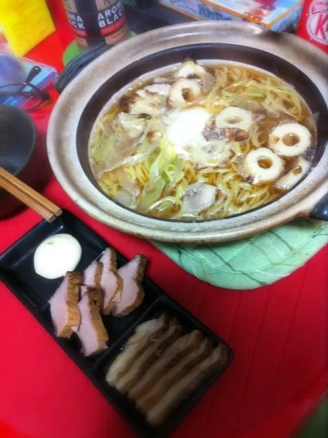 Snapdishの料理写真:鍋焼きラーメン＆うつぼたたき＆鰹生節|mihoさん