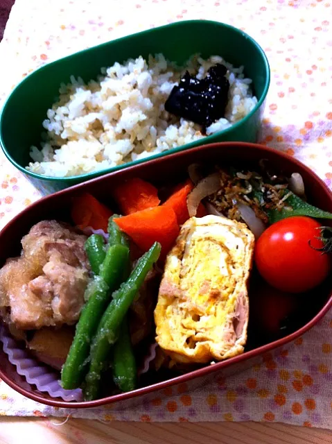 今日のおべんと。鶏のおろし煮、ツナとネギ入り卵焼き、人参グラッセ、野菜のじゃこ炒め、わさびこんぶ。|nozomi tsujiさん