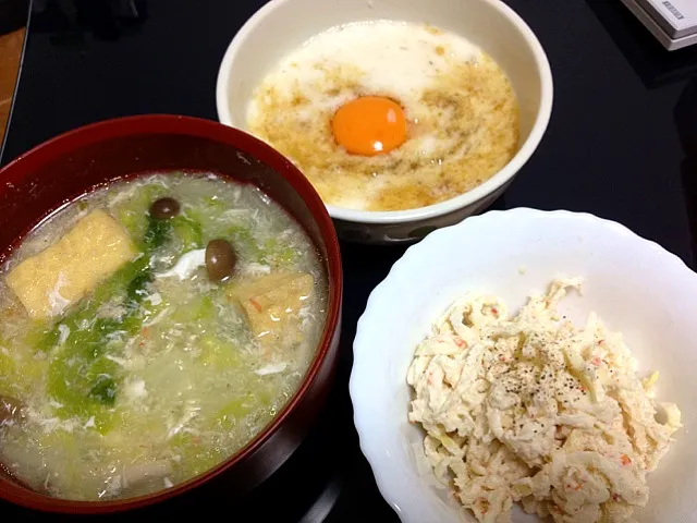 白菜と蟹缶のトロトロ淡雪スープ、切り干し大根とカニのマヨサラダ、とろろ #タロメシ #アプメシ|taro nishidomeさん