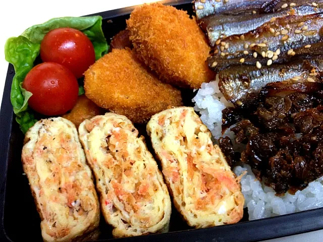 息子弁当1/12  干しエビ入り卵焼き、メンチカツ、ししゃもみりん、しじみ山椒|たゆさん