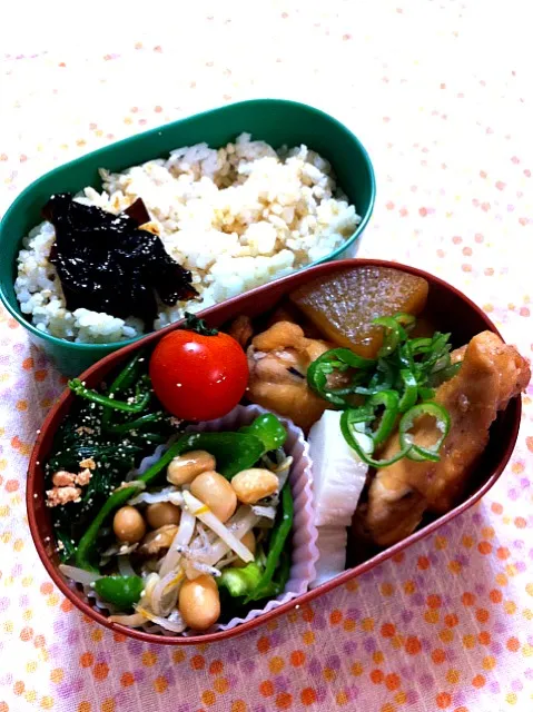 今日のおべんと。手羽元と大根の煮物、大豆とちりめんとやさいの塩麹炒め、ほうれん草のたらこ和え、わさびこんぶ。塩麹、いろんなもの炒めすぎて迷子な感じ。今度はシンプルに使ってみようかな。|nozomi tsujiさん