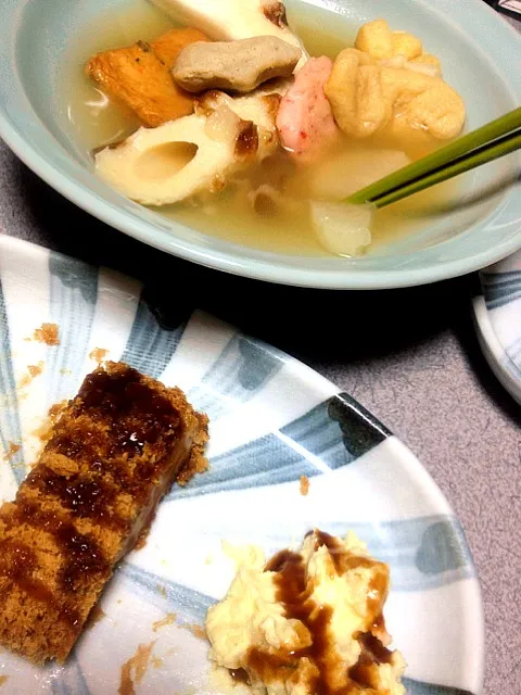 Snapdishの料理写真:#夕飯 とんかつ、ポテサラ、おでん。あんましお腹すいてたんでダッシュで食べちゃった。|ms903さん