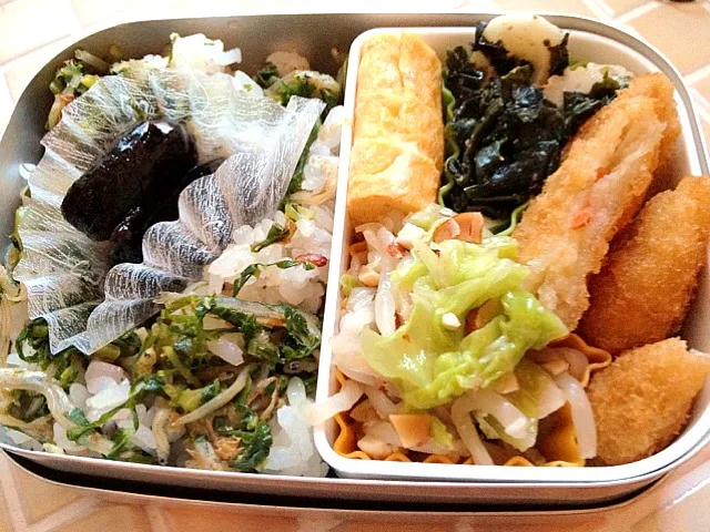 リノ弁当、牛蒡コロッケ、キャベツ＆モヤシナムルw/ナッツ、竹輪＆若芽＆韓国海苔マヨ和え、他|suzumeさん