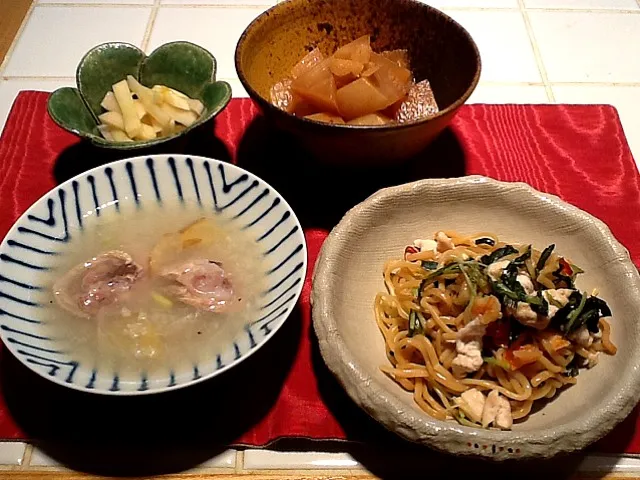 参鶏湯、蒸しそば、大根の黒酢煮|masakoさん