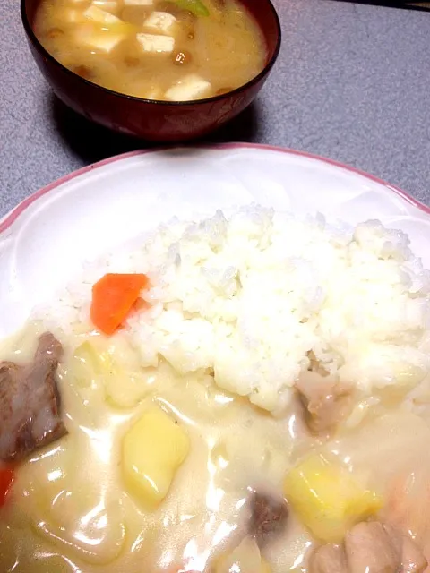 Snapdishの料理写真:#夕飯 ネギ豆腐なめこ味噌汁、シチューライス。白米とシチューをおかわりした！|ms903さん