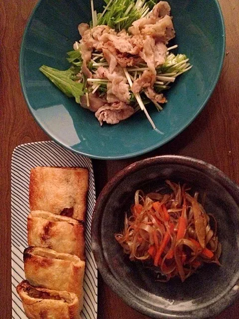 納豆の包み焼き。きんぴらごぼう。水菜と豚肉のサラダ|永山食堂さん