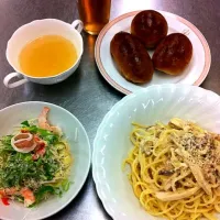 茸のクリームパスタ、クルミパン|そらさん