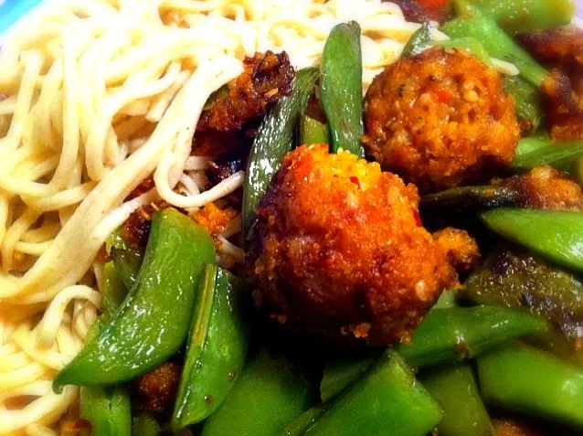 Snapdishの料理写真:sygar snaps, vegan balls, and wholemeal angel hair pasta|Gabiさん