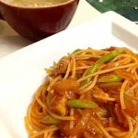 ベーコンとアスパラのトマトソースパスタ|いちえさん