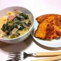 キノコとほうれん草のポタージュ風スープパスタ＆野菜のキッシュ|chiharuさん