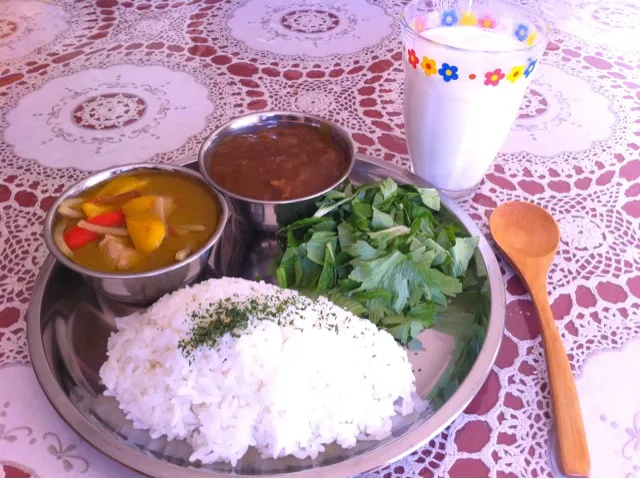 Snapdishの料理写真:２種類のCurryプレート(グリーンカレー・ノーマルカレー)☆ヨーグルトラッシー|ありなさん