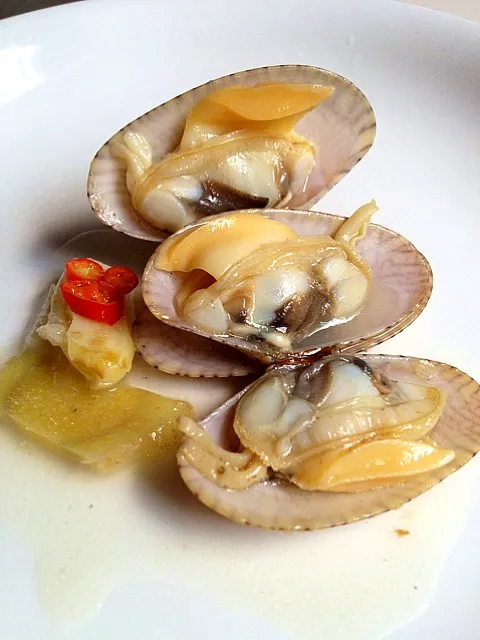 Snapdishの料理写真:辣蛤蜊姜汤clams cooked w. garlic ginger & chilis|(=^x^=)さん