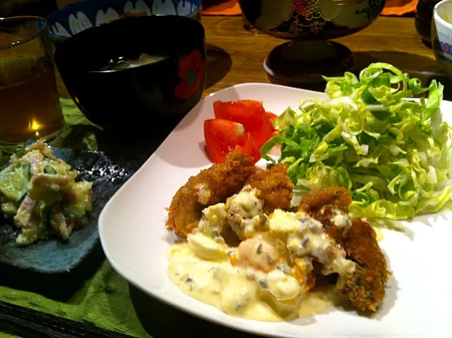 牡蠣フライ  ポテトサラダ   味噌汁  鶏の甘辛煮|高田恵子さん