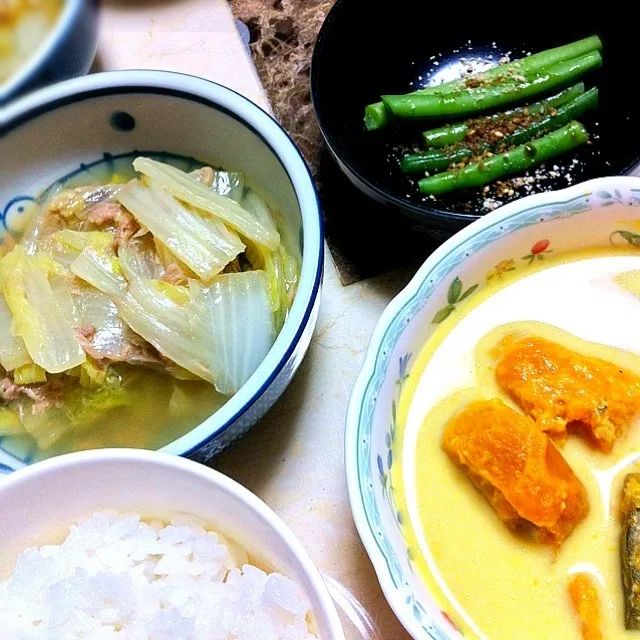 白菜とシーチキンたいたん、カボチャのミルク煮、サンドマメの胡麻和え|wakanowさん