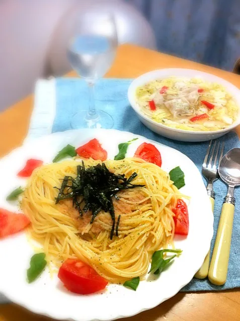 太陽の明太子パスタとコンソメスープ|tonさん