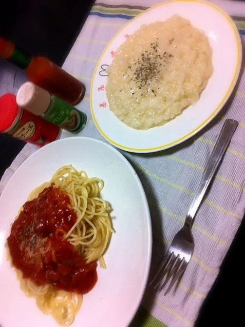 トマトソースパスタと、チーズリゾット|はせ音さん