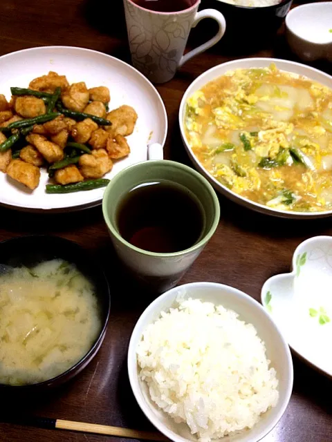 白菜と餅の卵とじ、揚げささみの甘辛和え|asukamamさん