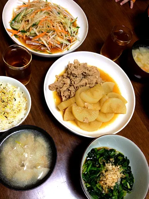 和風サラダ、豚と大根の炒め煮、ほうれん草のお浸し|asukamamさん