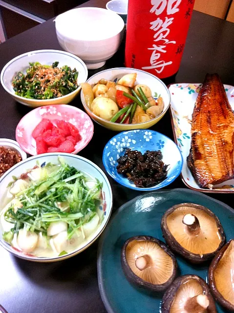 本日の家居酒屋はヘルシー、鯖の醤油焼き、椎茸焼き、水菜の鮭節での煮浸し、ジャガイモなど野菜たっぷり煮、ほうれん草の胡麻和え、にんべんのふりかけ、明太子、アサリの佃煮|ままぞうさん