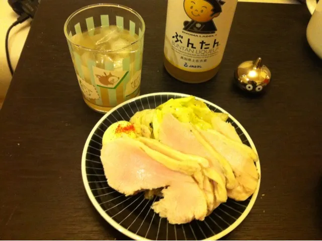 Snapdishの料理写真:今日のごはんは初めて作った鶏はむと文旦酒です( *´艸｀)|てつこさん