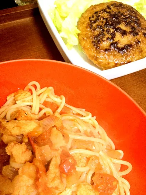 なんちゃってツナのスパゲッティ、大豆の照り焼きチキン風|**unimam**さん