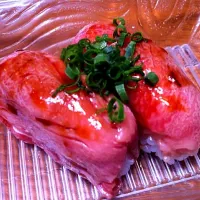 Snapdishの料理写真:hida beef sushi @ breakfast