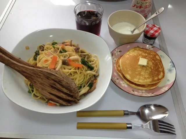 和風キノコとめんたいパスタ＆パンケーキ|たかひろさん